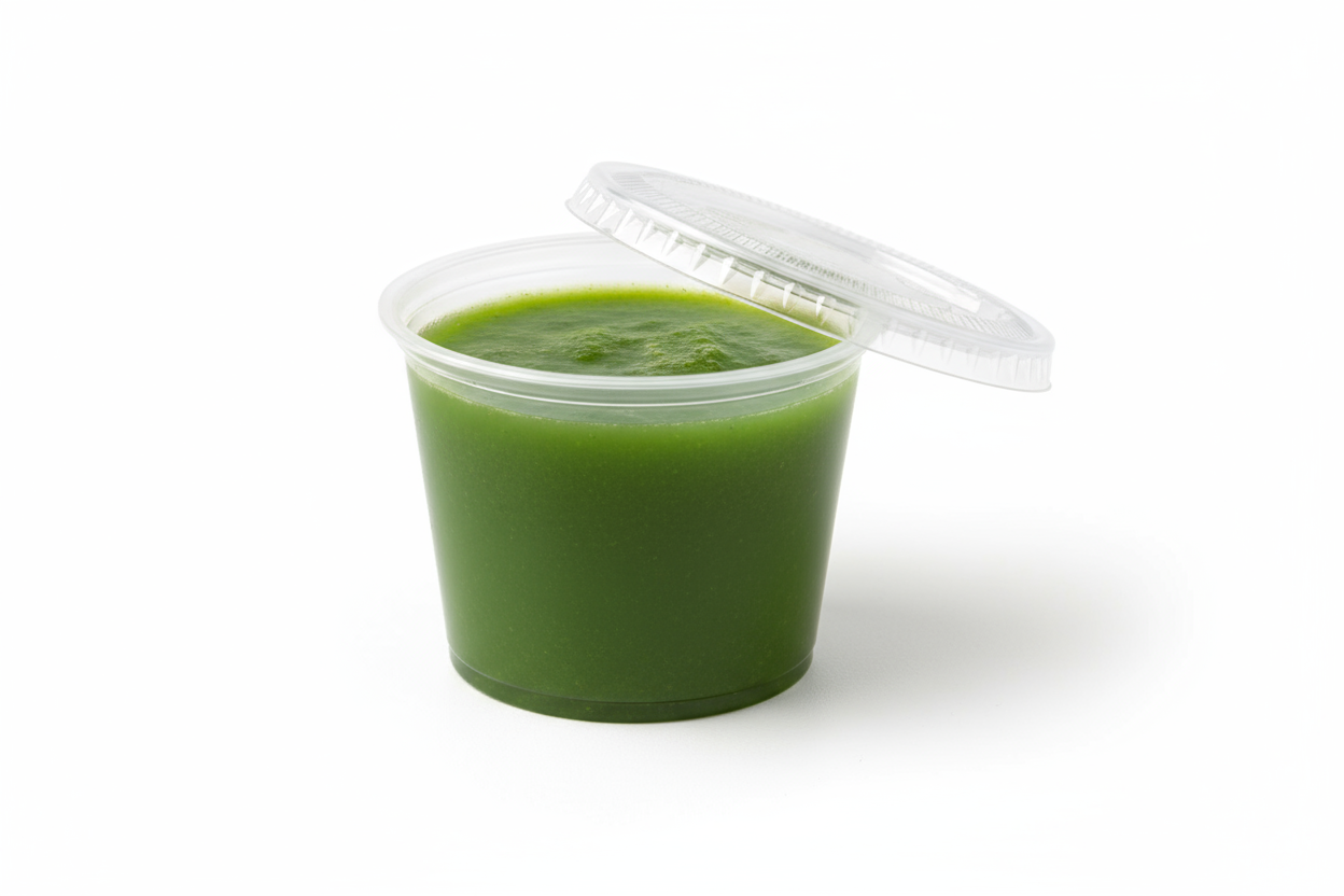 plastic 2 oz condiment container with green juice in it